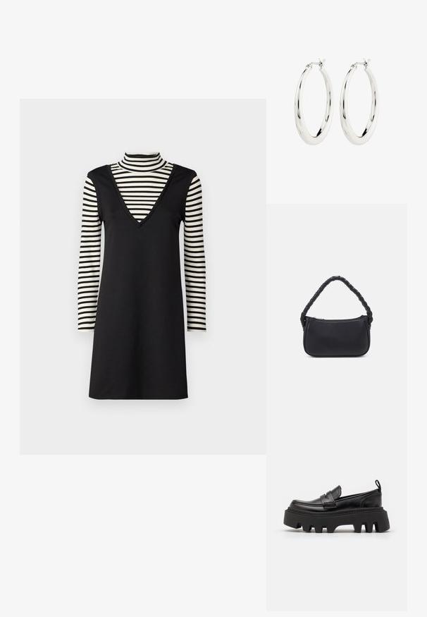 Vestido negro con escote en V, superpuesto a un cuello de tortuga a rayas con mangas largas. El vestido tiene una textura suave y una silueta ajustada.; Mocasines de cuero negro con una suela de goma negra gruesa, que cuentan con ranuras antideslizantes y una correa decorativa en la parte delantera.; Bolso negro de forma redondeada, hecho de material liso. Presenta un asa trenzada y un cierre de cremallera para un almacenamiento seguro.; Pendientes de aro de plata con un acabado suave y brillante. Forma circular, con un cierre seguro. Diseño sencillo y elegante.