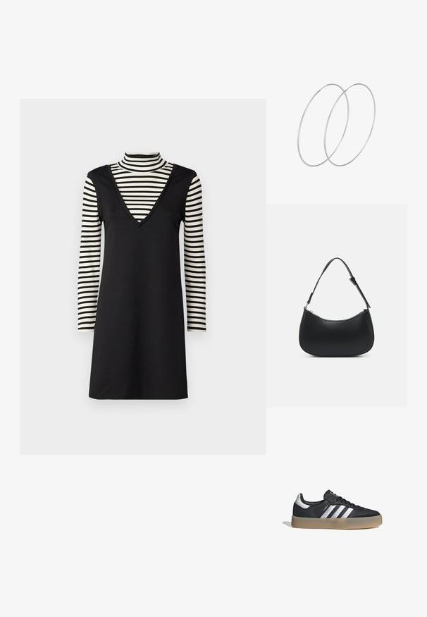 Vestido negro con escote en V, superpuesto a un cuello de tortuga a rayas con mangas largas. El vestido tiene una textura suave y una silueta ajustada.; Zapatilla deportiva de cuero negro con tres rayas plateadas, punta texturizada y suela de goma. Cuenta con un collar acolchado y un diseño con cordones.; Pieces PCALUANA SHOULDER BAG - Bolso de mano - black; Pendientes de aro plateados con un diseño minimalista. Forma circular, textura suave y perfil delgado. Livianos con un acabado pulido.