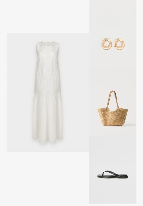 Vestido maxi blanco sin mangas con textura acanalada en la parte superior y tejido suave en la parte inferior. Presenta un escote redondo y una silueta en A.; Chancla negra de piel suave, con un diseño de tira delgada y una suela plana de perfil mínimo. Sin patrones ni acentos notables.; Bolso tote de paja trenzada con base ancha, asas trenzadas y color beige natural sobre fondo blanco liso.; Par de pendientes de aro de metal en tono dorado pulido, de forma irregular y con centro abierto, sobre un fondo blanco liso.