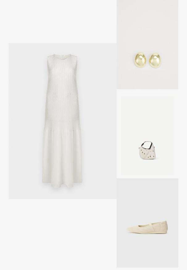 Vestido maxi blanco sin mangas con textura acanalada en la parte superior y tejido suave en la parte inferior. Presenta un escote redondo y una silueta en A.; Bailarinas beige con un exterior de cuero liso, punta en forma de almendra y una correa elástica en el empeine, con detalles de costura sutiles.; Pequeño bolso blanco con manchas marrones, forma triangular redondeada, forro interior negro y correa corta ajustable con hebilla plateada.; Pendientes de metal en tono dorado, con forma suave y redondeada y acabado pulido. Diseño sencillo sin adornos adicionales.
