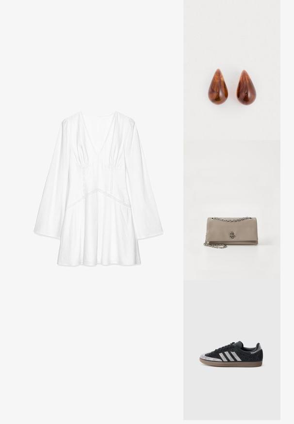 Hvid langærmet bluse med V-hals, samlesyning ved skuldrene, blondertrim og en løs pasform, lavet af letvægtsstof.; Sort sneaker med glitrende sølvdetaljer og tre hvide striber. Har en lavt skåret model, tekstureret overdel og brun gummisål.; Beige læder skuldertaske med en sølv kæde rem og en frontlukning detalje. Glat tekstur med rektangulær form og minimalistisk design.; Et par glansende brune dråbeformede øreringe med subtile mørkere mønstre på en hvid baggrund.