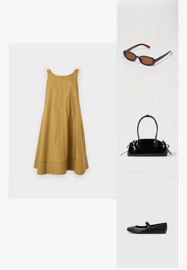 Robe sans manches jaune moutarde en forme trapèze avec larges bretelles crème, couture à l'avant et détails de surpiqûres à l'ourlet, présentée sur un fond clair uni.; Ballerines en cuir noir avec un bout arrondi, une semelle plate et une fine sangle ajustable sur le cou-de-pied avec une boucle en métal.; Lunettes de soleil rondes teinte brun avec une monture bordeaux brillante. Branches fines avec un détail de marque subtil. Design de verres plats.; Petit sac à main noir brillant avec deux longues anses et des détails à cordon sur les côtés sur un fond clair uni.