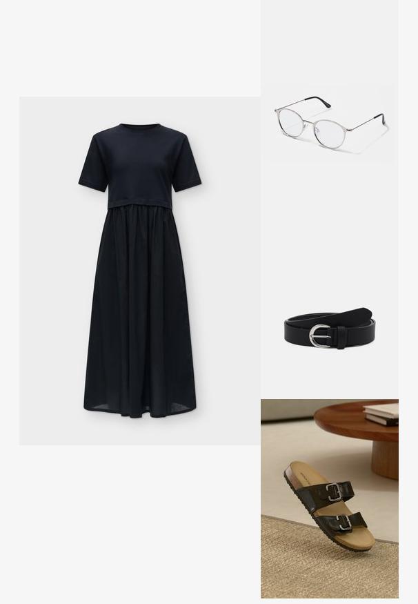 Robe midi noire à manches courtes avec un haut cintré et une jupe froncée, fluide, sur fond blanc.; Sandale noire à deux brides avec boucles en argent, semelle en liège et semelle en caoutchouc. Fini mate sur les brides, présentée sur une surface tissée texturée.; Lunettes en métal argenté avec des verres ronds et une fine monture. Les embouts de branches noirs offrent un contraste. Plaquettes de nez ajustables incluses.; Ceinture en cuir noir avec une boucle ronde en métal argenté, design plat, extrémité effilée, texture lisse et style minimaliste.