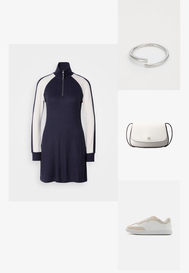 Robe en tricot bleu marine avec un col haut, un devant zippé à mi-hauteur et des panneaux de manches texturés blancs. Manches longues avec des poignets bleu marine.; Baskets en cuir blanc avec des accents en suède beige et des lacets blancs. Elles présentent un bout arrondi et une semelle rembourrée pour plus de confort.; Sac bandoulière blanc avec fermeture à rabat, petit logo "cK" argenté centré, et fine sangle réglable marron foncé.; Calvin Klein SPIRAL - Bracelet - silver-coloured