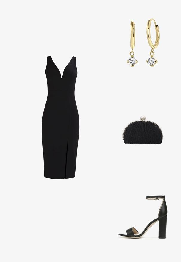 Robe noire sans manches avec un décolleté en V profond, silhouette ajustée, longueur genou et une fente à l'avant pour un détail supplémentaire. Texture de tissu lisse.; Sandal noir à talons hauts avec une large sangle sur le bout, une sangle à la cheville et un talon carré massif. Matériau en cuir lisse et design minimaliste.; Pochette de soirée noire en tissu texturé, encadrée par une rangée de petites perles, avec un grand fermoir en perle sur le dessus.; Lucardi 14 CT - Boucles d'oreilles - gold-coloured