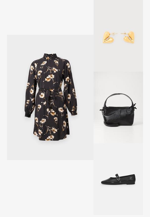 Schwarzes Kleid mit floralen Mustern in Beige und Gold. Es hat einen hoch gerafften Stehkragen, lange Ärmel und eine Taillenbindung zur Formgebung.; Schwarzer Lederflatschuh mit runder Zehenform, einem verstellbaren Schnallenriemen und einer glatten, glänzenden Oberfläche. Minimalistisches Design mit einem niedrigen Absatz.; Schwarze Lederhandtasche mit strukturiertem Design, rundem Haltegriff und abnehmbarem Schulterriemen. Sie weist eine glatte Oberfläche und einen subtilen Glanz auf.; Ohrstecker in Herzform mit Gold-Ton, glattem, geschwungenem Design und Schmetterlingsverschlüssen auf weißem Hintergrund.