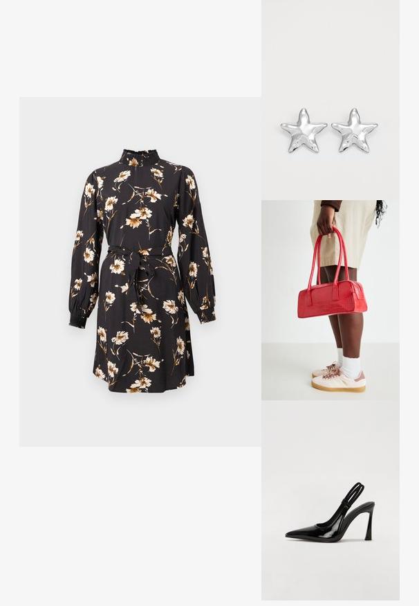 Vestido negro con estampado floral en beige y dorado. Presenta un cuello alto fruncido, mangas largas y una cintura con lazo para dar forma.; Zapato de tacón con tirante en negro de charol, punta afilada, tacón alto y delgado, y doble tira elástica para un ajuste seguro. Superficie suave y brillante.; Bolso de mano rojo con diseño de cocodrilo en relieve, con dos asas y cierre de cremallera. Forma rectangular, textura suave y acabado brillante.; Pendientes en forma de estrella plateada con una superficie pulida y brillante. Cada pendiente presenta cinco puntas y sutiles detalles de textura en la superficie.