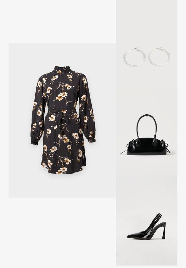 Schwarzes Kleid mit floralen Mustern in Beige und Gold. Es hat einen hoch gerafften Stehkragen, lange Ärmel und eine Taillenbindung zur Formgebung.; Schwarze Lackleder Slingback-Pumps mit spitzem Zehenbereich, schlankem hohen Absatz und doppeltem elastischen Riemen für einen sicheren Sitz. Glatte, glänzende Oberfläche.; Kleine schwarze glänzende Handtasche mit zwei langen Griffen und seitlichen Kordelzug-Details vor einfachem hellem Hintergrund.; Paar glänzende silberne Creolen mit dünnen Drahtverschlüssen, dargestellt vor einem hellgrauen Hintergrund.
