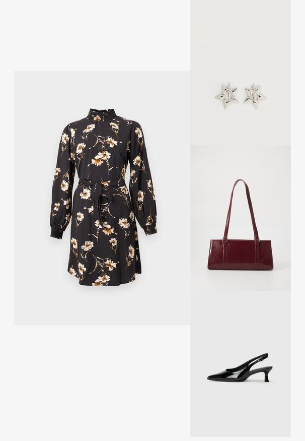 Zwarte jurk met bloemmotief in beige en goud. Voorzien van een hoge geplooide halslijn, lange mouwen en een strikceintuur voor een flatterende pasvorm.; Zwarte lakleren slingback schoenen met een spitse neus en een lage blokhak. Verstelbare gespband bij de enkel.; Bourgondische handtas van glanzend materiaal, rechthoekige vorm, met twee schouderbanden en subtiele gebogen accenten aan de voorkant.; Zilverkleurige stervormige oorringen met een gladde, gepolijste afwerking op een effen witte achtergrond.