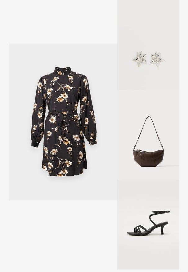 Vestido negro con estampado floral en beige y dorado. Presenta un cuello alto fruncido, mangas largas y una cintura con lazo para dar forma.; Even&Odd Wide Fit Sandalias - black; Bolso de hombro de cuero marrón con fondo curvado y correa ajustable sobre un fondo claro y liso.; Pendientes de aro plateados en forma de estrella con un acabado liso y pulido sobre un fondo blanco liso.