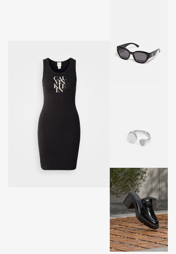 Zwarte tankjurk gemaakt van zachte katoen met een getailleerd ontwerp. Bevat een logo-print in het wit, met gedurfde, gestileerde letters op de voorkant.; Zwarte leren Calvin Klein slip-on mule met blokhak rustend op houten tegels buiten, vlak bij een groene plant en een grijze muur.; Zwarte zonnebril met een strak, hoekig ontwerp, donkere lenzen en een contrasterend zilveren logo aan de zijkant. Glad kunststof oppervlak.; Zilveren ring met twee asymmetrische elementen; het ene glad en gegraveerd met "CK," en het andere met duidelijke versieringen.