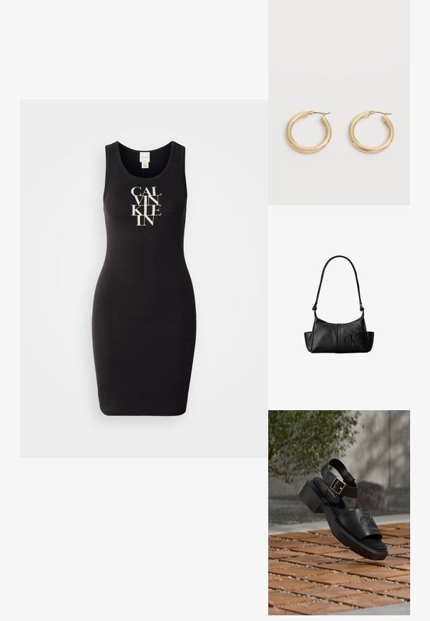 Zwarte tankjurk gemaakt van zachte katoen met een getailleerd ontwerp. Bevat een logo-print in het wit, met gedurfde, gestileerde letters op de voorkant.; Zwarte leren Calvin Klein sandaal met enkelriem en gesp die boven een houten en stenen betegelde buitenvloer zweeft.; Zwarte leren schoudertas met lange band, zijvakjes en een reliëflogo van Calvin Klein aan de voorkant.; Een paar glanzende gouden dikke creolen met metalen pinnen op een lichtgrijze achtergrond.