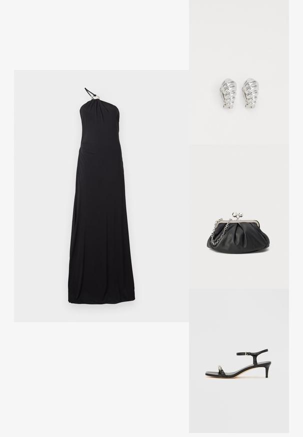 Must have trikoloor kaeluskleit, mis on valmistatud pehmest, venivast kangast. Omab voogavat disaini kinnise bodice ja voolava seeliku ning ei sisalda silmapaistvaid kaunistusi.; Mustast nahast kontsaga sandaal pahklipaelaga, avatud varbaga, ruudukujulise esiosa ja hõbedase riistvaralist rõhutusega. Lõigatud disain ja sujuv profiil.; Musthave musta nahast käekott, millel on volditud tekstuur, hõbedane metallraam, lukustatud sulgemismehhanism ja kett. Sile ja pehme pind.; Hõbedased klamber kõrvarõngad, millel on spiraalne disain, millel on sile metalliline tekstuur ja ümarad kujundid. Nähtavad ehted või mustrid puuduvad.