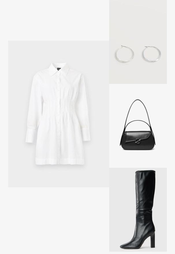 Robe-chemise blanche à manches longues avec boutons sur le devant, col pointu et taille cintrée.; Bottes en cuir noir montant jusqu'au genou avec un design épuré, bout pointu et talon carré haut, présentant une texture lisse et un bord supérieur cousu.; Sac à bandoulière en cuir noir avec un rabat incurvé fermé par un fermoir métallique rond et une sangle fine et ajustable.; Boucles d’oreilles créoles en métal argenté avec une surface lisse légèrement incurvée et des fermoirs à clapet sur un fond blanc uni.