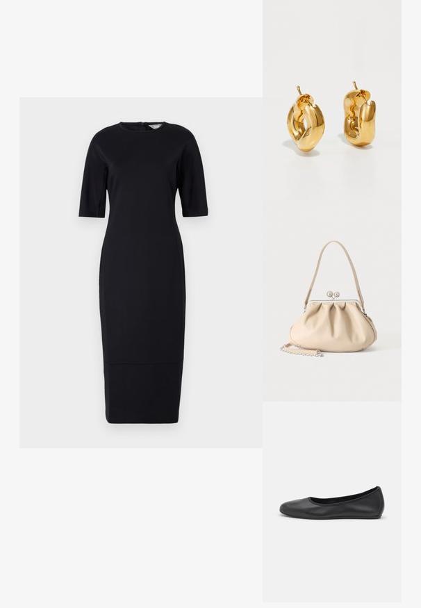 Robe noire, cintrée, arrivant au genou, avec des manches courtes, un col rond et une fermeture éclair au dos. Tissu lisse avec un léger éclat.; Ballerines en cuir noir avec un bout rond, texture lisse, détails de couture minimalistes et design de semelle flexible.; Sac à main en cuir souple beige avec un fermoir en métal argenté, une bandoulière simple et une bandoulière chaîne optionnelle sur fond blanc.; Boucles d'oreilles créoles en or massif avec un design tubulaire légèrement tordu et des fermoirs à tige sur un fond blanc.