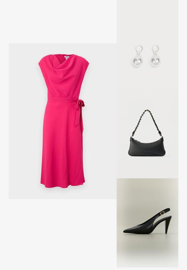 Fuchsia knælang kjole med en draperet halsudskæring, korte ærmer og et bundet taljebælte. Glat stof med en flødende silhuet.; Sort læder slingback med spids tå, høj hæl, guldlås og tilspidset hæl på en neutral baggrund.; Sort skuldertaske i læder med en buet rektangulær form, gyldent kæde vævet ind i en flettet sort rem og toplynlås.; Sølv dråbeøreringe med glatte, runde, reflekterende overflader hængende fra svingelukkede låse. Baggrunden er helt hvid.