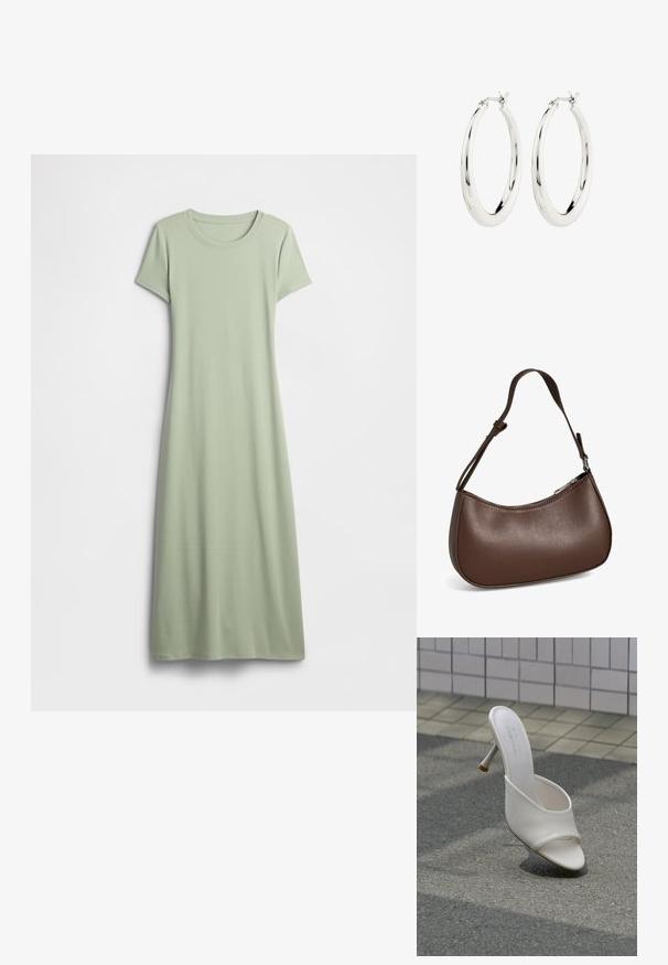 Vestido de manga corta en verde claro, confeccionado con tela suave. Presenta un cuello redondo y un diseño largo y fluido sin adornos.; Zapato mule blanco de tacón alto con punta abierta flotando sobre un fondo de asfalto gris y pared de azulejos.; Pequeño bolso bandolera de cuero marrón con correa ajustable y cierre de cremallera, mostrado sobre un fondo blanco. Sin logotipos ni adornos visibles.; Pendientes de aro de plata con un acabado suave y brillante. Forma circular, con un cierre seguro. Diseño sencillo y elegante.