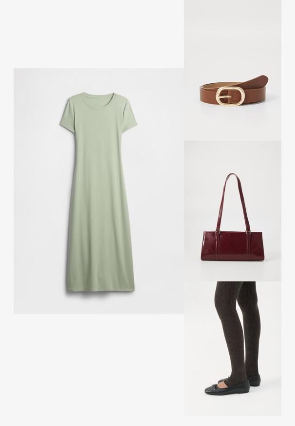 Robe à manches courtes de couleur vert clair, confectionnée dans un tissu doux. Elle présente un col rond et une coupe longue et fluide sans ornements.; Jambes portant des leggings côtelés foncés associés à des ballerines noires avec de petits détails en nœud sur fond blanc.; Sac à main bordeaux en matériau brillant, de forme rectangulaire, avec deux anses et des accents légèrement courbés à l'avant.; Ceinture en cuir marron avec une boucle ovale en or et des détails cousus. Texture lisse avec un design minimaliste et une extrémité effilée.