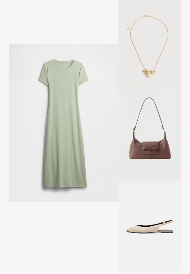 Vestido de manga corta en verde claro, confeccionado con tela suave. Presenta un cuello redondo y un diseño largo y fluido sin adornos.; Bailarinas de piel beige con tiras traseras y puntera puntiaguda, diseño minimalista, textura suave y suela negra baja.; Bolso bandolera de cuero marrón con un bolsillo frontal de solapa que presenta un detalle de moño cosido y una correa ajustable.; Collar tono oro con tres colgantes irregulares, lisos y con forma de guijarro, en una cadena delgada con cierre ajustable.