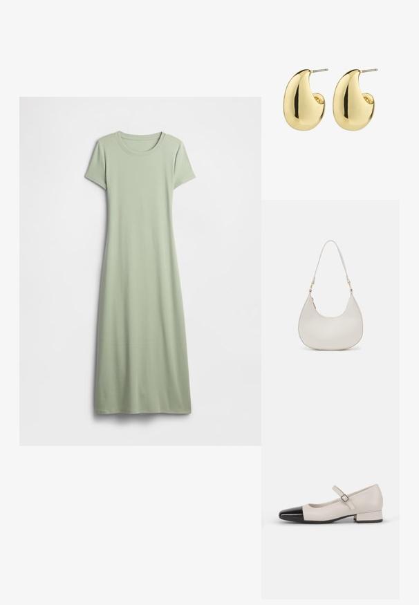 Vestido de manga corta en verde claro, confeccionado con tela suave. Presenta un cuello redondo y un diseño largo y fluido sin adornos.; Zapato estilo Mary Jane en cuero crema con puntera de charol negro. Presenta una punta redonda, tirante en el tobillo con una hebilla cuadrada y un tacón bajo y cuadrado.; Bolso de hombro de cuero crema con forma de media luna, correa delgada y sutil detalle de costuras. Diseño minimalista con acentos de hardware en tono dorado.; Pendientes de stud en tono dorado con una superficie suave y pulida, que presentan una forma abstracta en forma de lágrima. Hardware de metal simple para la sujeción.