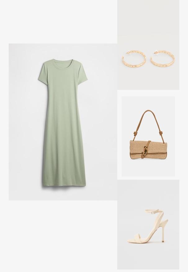 Vestido de manga corta en verde claro, confeccionado con tela suave. Presenta un cuello redondo y un diseño largo y fluido sin adornos.; Sandalia de tacón alto beige con una delgada correa en el tobillo y puntera cuadrada. Material sintético suave, diseño minimalista y tacón de aguja.; Bolso de mano rectangular tejido en color beige con asa de cuero marrón claro que presenta nudos y un cierre de gancho en tono dorado sobre un fondo liso.; Pendientes de aro en tono dorado con diseño ondulado irregular y acentos de cristal claro incrustados, asegurados con postes con respaldo de plástico.