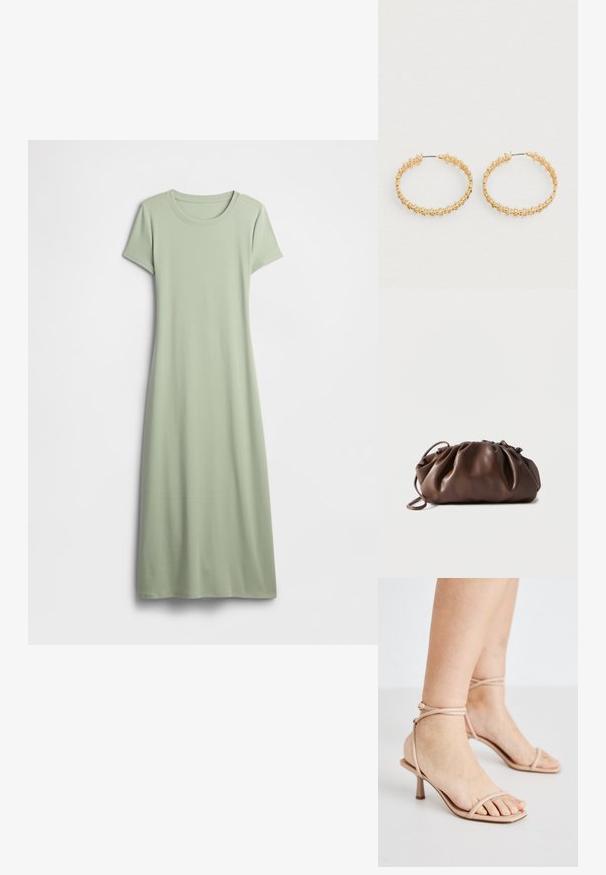 Robe à manches courtes de couleur vert clair, confectionnée dans un tissu doux. Elle présente un col rond et une coupe longue et fluide sans ornements.; Sandales nues à brides avec une fine bride de cheville, un design à bout carré et un petit talon carré. Texture lisse avec un minimum de détails.; Sacoche en cuir marron doux avec un haut froncé et une fine bandoulière, posée sur un fond blanc.; Boucles d'oreilles créoles en or avec un design texturé orné de petites perles rondes sur le bord extérieur. Légères avec une fermeture sécurisée.