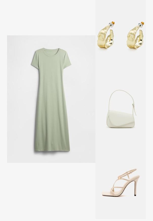 Vestido de manga corta en verde claro, confeccionado con tela suave. Presenta un cuello redondo y un diseño largo y fluido sin adornos.; Sandalia de tacón alto beige con tiras finas, puntera cuadrada, cierre de hebilla y tacón de aguja sobre fondo blanco.; Bolso de mano de imitación cuero blanco con una forma triangular estructurada, correa ajustable única y cierre con solapa acentuada en curva.; Pendientes en tono dorado con forma de manos abstractas, que presentan una superficie brillante, detalles intrincados y un poste de plata y oro para un ajuste seguro.