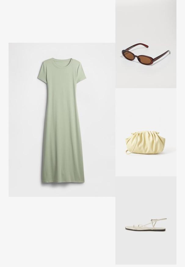 Kortærmet kjole i lysegrøn, lavet af blødt stof. Har en rund halsudskæring og et langt, flydende design uden pynt.; Beige flad sandal med flere slanke stropper og en justerbar spænde. Sålen er flad med en let mørkere kontrast ved kanten.; Runde, bruntonede solbriller med en glansfuld bordeauxramme. Slanke arme med diskret brandingdetalje. Flad linsedesign.; Gul plisseret håndtaske lavet af glat kunstlæder, med en blød form, en enkelt skulderrem og samlet topdesign.
