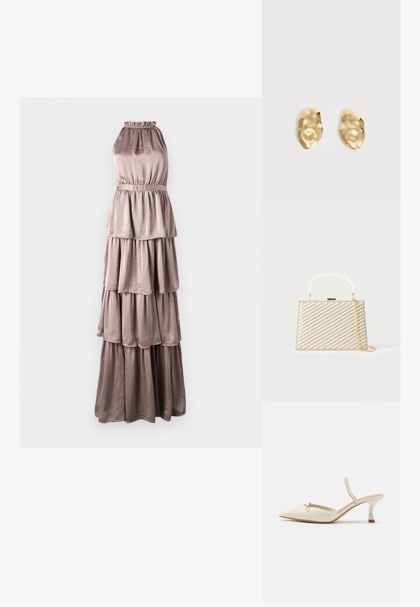 Maxi kihtidega kleit heledas taupe toonis, satiinmaterjalist. Omab halter-kaelust, elastset vöökohta ja kihilisi volange seelikuosas.; ALDO NAILAH - Klassikalised kontsakingad - white/bone; Ristkülikukujuline kuldne õlakott diagonaalsete pärlite ja klaashelmestega ridadega, ülemise käepideme ja kuldse kettidega rihmaga valgel taustal.; Paari läikivaid, ebakorrapärase kujuga kuldse metalliga kõrvarõngaid kortsus, sileda pinnaga tavalise heleda taustal.