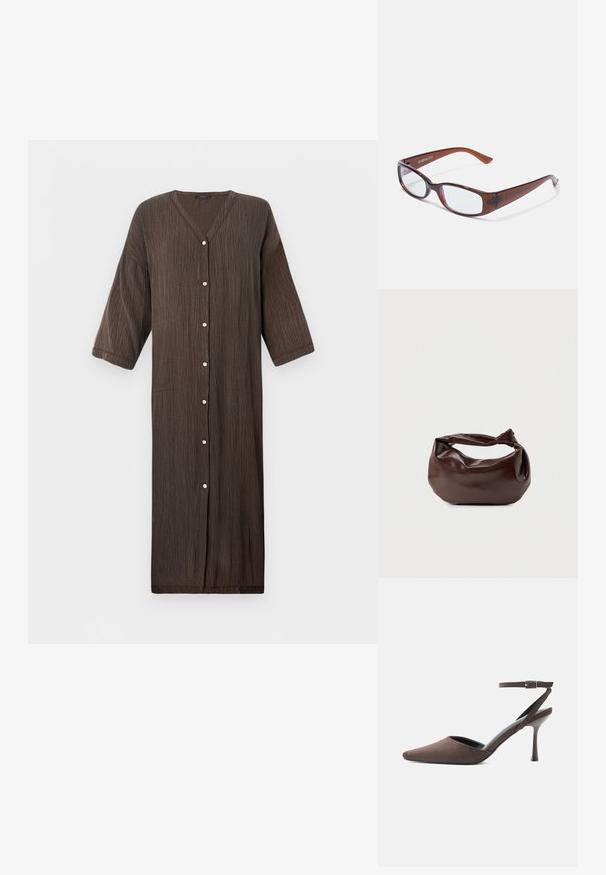 Μακριφόρεμα καφέ με υφή, V-neck, τρία τέταρτα μανίκια και κλείσιμο με κουμπιά μπροστά. Λείο ύφασμα με κατακόρυφες ρίγες.; Καφέ δερμάτινο παπούτσι με μυτερή μύτη και ψηλό τακούνι, λεπτό λουράκι στον αστράγαλο με ασημί πόρπη, σε λευκό φόντο.; Καφέ σκελετός γυαλιών σε ορθογώνιο σχήμα με γυαλιστερή φινίρισμα, διαθέτει λεπτά μπράτσα και διαφανείς φακούς. Το λογότυπο είναι ορατό στο αριστερό τιράντα.; Σκούρα καφέ δερμάτινη τσάντα ώμου με μαλακό, χαλαρό σχήμα και λαβή με στριμμένο κόμπο σε απλό λευκό φόντο.