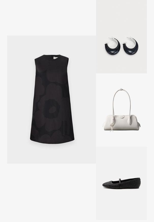Schwarzes ärmelloses Kleid mit einem floralen Muster in verschiedenen Schwarztönen. Rundhalsausschnitt und A-Linien-Silhouette mit einem Reißverschluss auf der Rückseite.; Schwarzer flacher Schuh mit abgerundeter Spitze, geprägt mit einem geometrischen Muster und einem dünnen Riemen über dem Spann, seitlich dargestellt.; Weiße Calvin Klein Schultertasche mit langen Griffen, rechteckiger Form, Reißverschluss und dekorativem Logo-Anhänger, der in der Nähe des Griffs hängt.; Schwarze Harz-Hoops mit glänzender Oberfläche und silberfarbenen Hardware-Details. Zirkulare Form mit Ausschnitt und Post-Back-Verschluss.