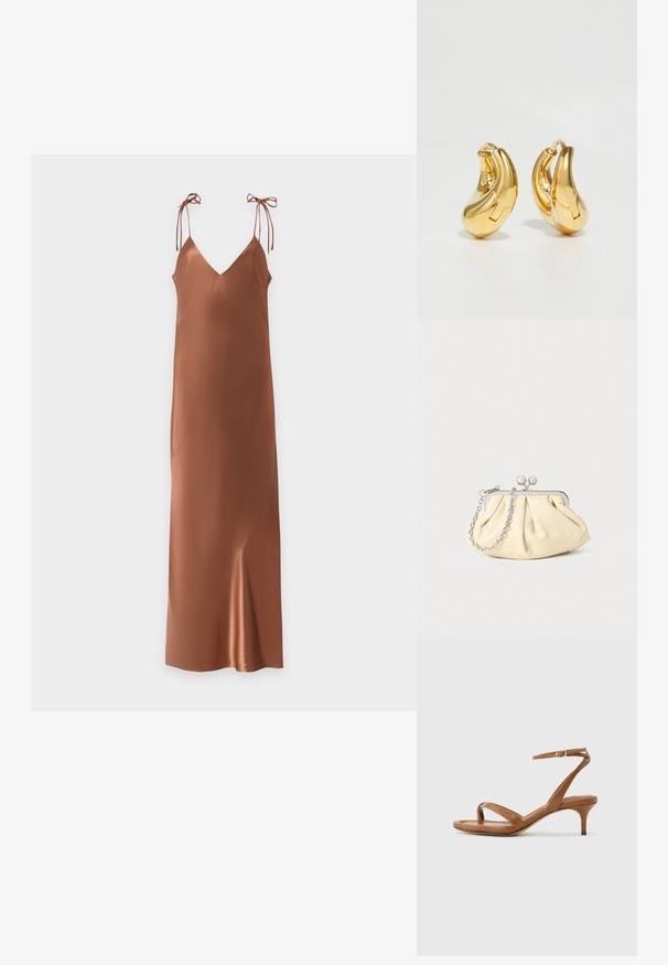 Longue robe nuisette en satin marron avec fines bretelles nouées aux épaules et un décolleté en V sur un fond uni et clair.; Sandale en cuir marron avec lanières, talon bas en forme de petit escarpin et bride à la cheville avec une petite boucle, vue de côté sur un fond uni.; Pochette en cuir beige plissé avec un cadre en métal argenté, dotée de deux fermoirs ronds décoratifs et d'une chaîne en argent.; Boucles d'oreilles en or en forme de d'anneaux lisses et courbés avec une finition polie. Équipées d'un mécanisme de fermeture et de légères indentations pour le détail.
