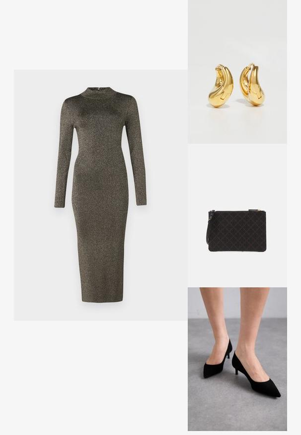 Robe midi à manches longues, ajustée, en tissu métallique sombre avec un col montant. Texture lisse et détails minimalistes. Dégradé de couleur allant du foncé au clair.; Talons aigus en daim noir avec un talon moyen slim et classique, et une large ouverture, présentés sur des pieds nus sur un fond gris.; Boucles d'oreilles en or en forme de d'anneaux lisses et courbés avec une finition polie. Équipées d'un mécanisme de fermeture et de légères indentations pour le détail.; Pochette noire texturée avec un motif en diamants, dotée d'une fermeture éclair et d'une bandoulière amovible. Accents en or sur la fermeture éclair.