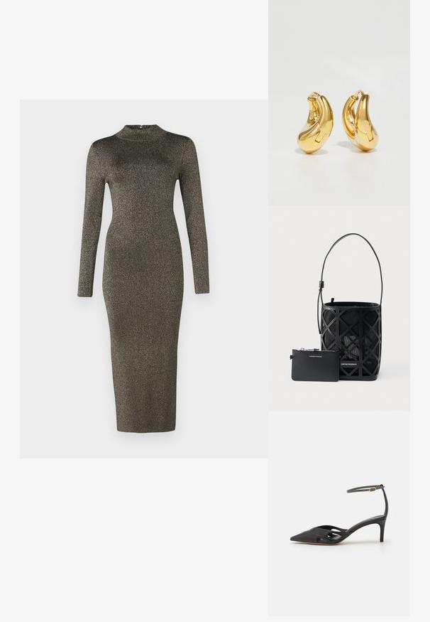 Langærmet, tætsiddende midi-kjole i mørkt metallic stof med en mock neck. Glat tekstur og minimal detaljer. Farvegradient fra mørk til lys.; Sort læder højhælet sko med spids tå, åbne sider og en tynd ankelrem med en lille guld detalje.; Sort spandformet håndtaske med geometrisk udskæringsdesign og matchende lille lynlåspung, begge mærket Emporio Armani.; Guldringeøreringe med en glat, buet form og poleret overflade. Udstyret med en lukkeanordning og lette fordybninger for detaljer.