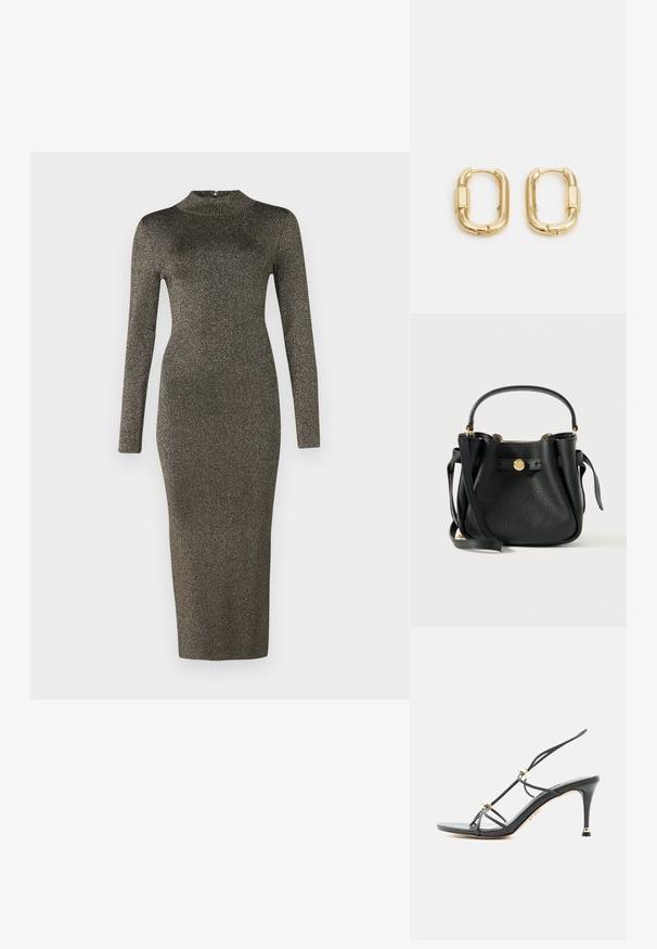 Langermige, aansluitende midi-jurk van donker metallic stof met een opstaande kraag. Gladde textuur en minimale details. Kleurverloop van donker naar licht.; Zwarte sandaal met hoge hak en dunne bandjes, versierd met gouden kralen op een puntige naaldhak.; Zwarte gestructureerde leren handtas met een kort handvat, een lange schouderband en een ronde sluiting met gouden toonlogo aan de voorkant.; sweet deluxe DELILAH - Oorbellen - gold-coloured