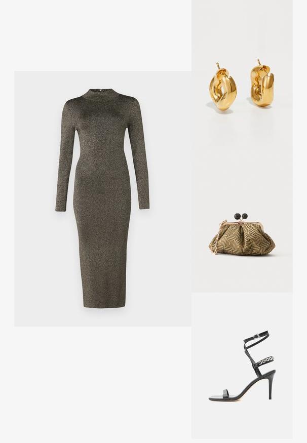 Robe midi à manches longues, ajustée, en tissu métallique sombre avec un col montant. Texture lisse et détails minimalistes. Dégradé de couleur allant du foncé au clair.; Sandale noire à talon haut avec fine bride à la cheville, bride médiane décorée de maillons de chaîne argentés, et design à bout ouvert.; Petite pochette avec motif géométrique doré et noir, cadre en métal doré, fermeture à boule noire et une courte chaîne dorée.; Boucles d'oreilles créoles en or massif avec un design tubulaire légèrement tordu et des fermoirs à tige sur un fond blanc.