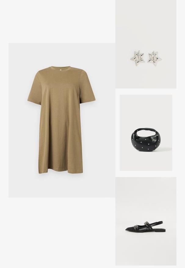 Robe ample à manches courtes et col rond, en coton marron clair uni, longueur genou, présentée sur un fond gris clair uni.; Even&Odd by Zalando Ballerines à brides arrière - black; Sac à main en cuir noir de forme arrondie, décoré de clous argentés et équipé d'une poignée courte. Texture lisse et fermeture éclair.; Boucles d’oreilles créoles en forme d’étoile argentée avec une finition lisse et polie sur un fond blanc uni.