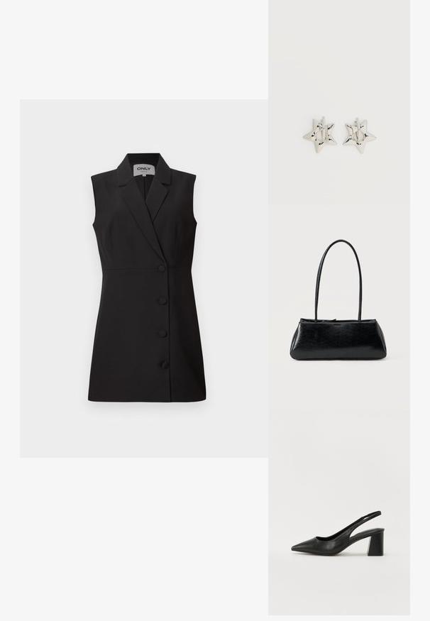 Vestido negro sin mangas con un cuello estructurado, escote en V y cinco botones frontales, que presenta una silueta ajustada y una textura de tela suave.; Tacones de slingback de cuero negro con punta afilada y tacón cuadrado. Presentan un diseño recortado y una textura suave, minimalista y moderna.; Bolso de hombro rectangular negro con correas largas y delgadas y una textura lisa y brillante sobre un fondo liso.; Pendientes de aro plateados en forma de estrella con un acabado liso y pulido sobre un fondo blanco liso.