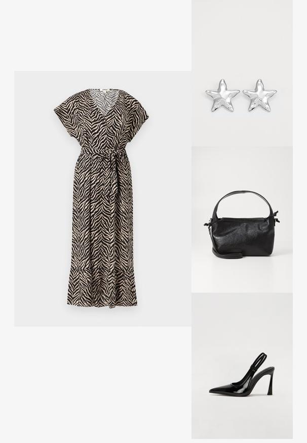 Robe portefeuille imprimé zèbre noir et beige avec manches courtes, col en V, taille ceinturée et ourlet volanté.; Escarpin en cuir verni noir à talon aiguille, à bout pointu, avec une sangle élastique double pour un maintien sécurisé. Surface lisse et brillante.; Sac à main en cuir noir au design structuré, avec une poignée arrondie et une bandoulière amovible. Présente une texture lisse et un éclat subtil.; Boucles d'oreilles argentées en forme d'étoile, avec une surface lisse et brillante. Chaque boucle d'oreille possède cinq pointes et des détails subtils de texture de surface.