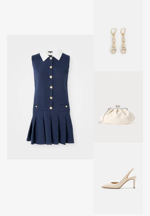 Navy mouwloos jurkje met een witte kraag, voorzien van een knopenlijst, twee zijzakken en een geplooid rokontwerp. Getextureerde stof.; Beige leren slingback pump met een puntige neus en een dunne hoge hak. Voorzien van een uitsparing bij de hiel en een gladde afwerking.; Crèmekleurige stoffen clutch met een geplooid ontwerp, een zilverkleurig metalen frame, twee decoratieve balletjes en een zilveren kettingriem.; Goudkleurige oorhangers met een heldere ovale crystal aan de basis, verfraaid met kleinere kristallen en bloemdetails erboven.