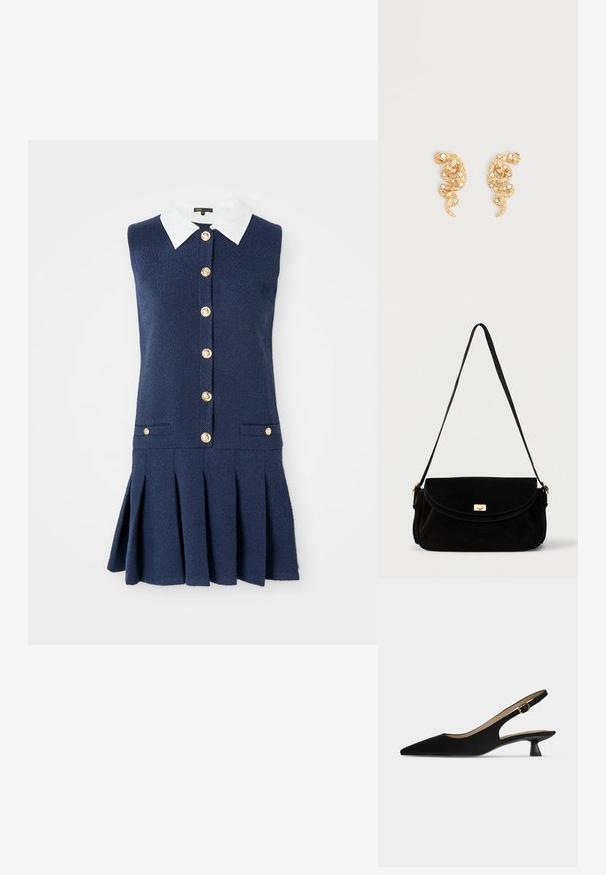 Navy mouwloos jurkje met een witte kraag, voorzien van een knopenlijst, twee zijzakken en een geplooid rokontwerp. Getextureerde stof.; Zwarte slingback-schoen met spitse neus, lage kittenhak en gouden gespband, in profiel getoond op een effen lichte achtergrond.; Zwarte suède schoudertas met een klep en een gouden rechthoekige draaivergrendeling, voorzien van een enkele lange riem en zachte, gestructureerde zijkanten.; Oorringen in goudkleurige slangvorm, versierd met kleine heldere kristallen op een eenvoudige lichte achtergrond.