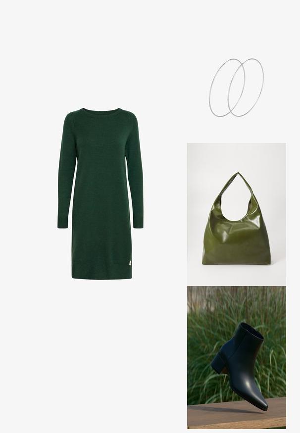 Groene gebreide jurk met lange mouwen, ronde halslijn en geribde manchetten. Voorzien van een klein logo-label nabij de zoom.; Zwarte leren enkellaars met blokhak, puntige neus, weergegeven boven een houten oppervlak met een groene wazige grasachtergrond.; Groene leren hobotas met een slordig ontwerp, gebogen handvat en een gladde textuur. Bevat geen zichtbare hardware of accenten.; Zilveren hoepel oorbellen met een minimalistisch ontwerp. Cirkelvormig, gladde textuur en dun profiel. Lichtgewicht met een gepolijste afwerking.