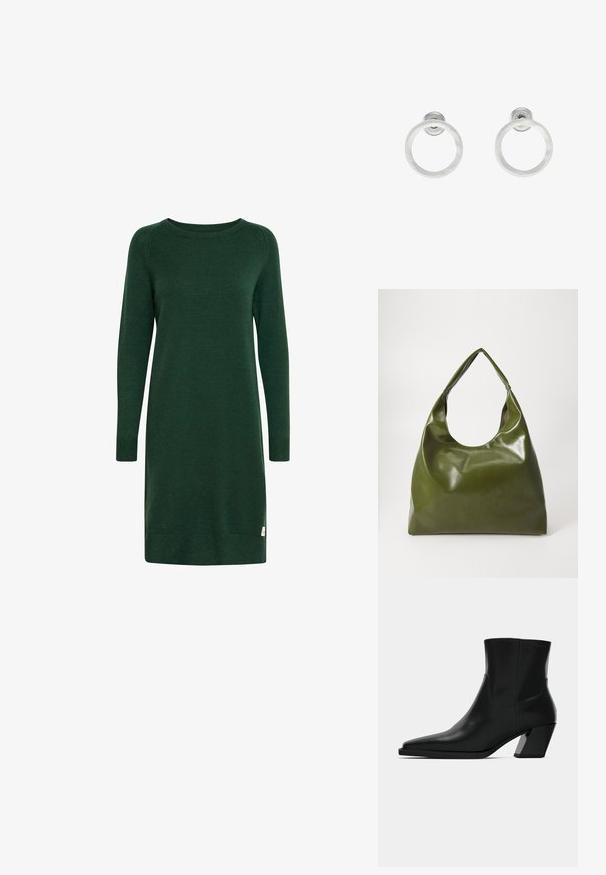 Vestido verde de punto con mangas largas, escote redondo y puños acanalados. Presenta una pequeña etiqueta con el logo cerca del dobladillo.; Bota de tobillo de cuero negro con punta afilada, una silueta elegante y un tacón cuadrado grueso. Textura suave con detalles de costura mínimos.; Bolsa hobo verde de cuero con un diseño suave, asa curvada y textura lisa. No contiene hardware visible ni acentos.; Pendientes de aro de metal plateado con una textura cepillada, que presentan un diseño circular y un respaldo transparente para un uso seguro.