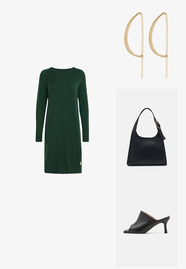 Vestido verde de punto con mangas largas, escote redondo y puños acanalados. Presenta una pequeña etiqueta con el logo cerca del dobladillo.; Selected ASHLEY - Mules de tacón - black; Bolso tote de cuero negro con textura suave, cuerpo redondeado y una sola correa de hombro con un acento de hardware dorado circular.; Pendientes de metal dorado con una forma de hoja curva y alargada. La superficie es suave y mate, con finos acentos horizontales.
