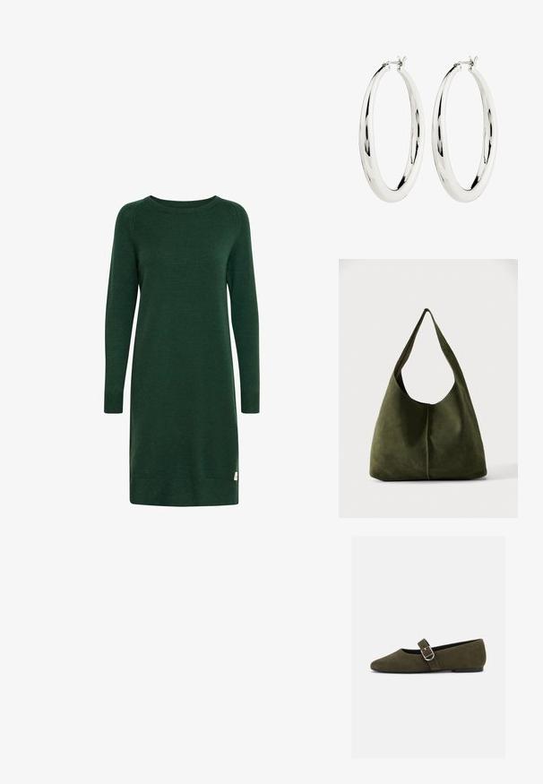Vestido verde de punto con mangas largas, escote redondo y puños acanalados. Presenta una pequeña etiqueta con el logo cerca del dobladillo.; Zapato plano Mary Jane de ante verde oliva con hebilla de plata y punta redondeada, mostrado sobre un fondo blanco.; Bolso de hombro grande y desestructurado de ante verde oliva con una sola correa ancha y forma suave sobre un fondo liso.; Pendientes de aro de plata con una superficie lisa y reflectante. Forma redonda y grande con un cierre seguro en la parte superior. El acabado pulido resalta el brillo.