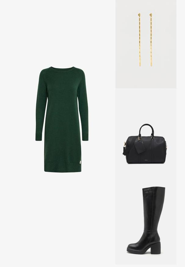 Groene gebreide jurk met lange mouwen, ronde halslijn en geribde manchetten. Voorzien van een klein logo-label nabij de zoom.; Zign LEATHER - Laarzen met hoge hak - black; Zwarte faux leren sporttas met gouden hardware, dubbele bovenhandvatten, verstelbare schouderriem en een verwijderbaar labelvak.; Lange, dunne gouden kettingoorbellen met rechthoekige schakels op een effen lichtgrijze achtergrond.