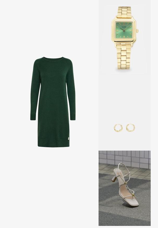 Groene gebreide jurk met lange mouwen, ronde halslijn en geribde manchetten. Voorzien van een klein logo-label nabij de zoom.; Beige sandaal met hak en bandjes, voorzien van een gouden gesp en een decoratieve gouden bol, op een geplaveide ondergrond bij een betegelde muur.; Goudkleurig vierkant horloge met een groene verloopdial, rechthoekige uurmarkeringen en een schakelhart. Merkbepaling "CLUSE" getoond.; Gouden creolen met een gestructureerd, onregelmatig oppervlak. Beschikt over een lichtgewicht ontwerp en een ronde vorm, geschikt voor dagelijks gebruik.