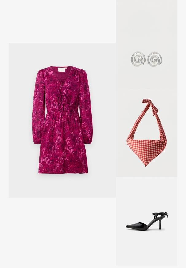 Fuchsia Kleid mit langen, gepufften Ärmeln und tiefem V-Ausschnitt. Mit tailliertem Bund und einem floralen Muster in dunkleren Farbtönen.; Schwarzer Lackleder-Pumps mit spitzer Zehenpartie und Knöchelriemen, hinten zu einem Knoten gebunden, gezeigt auf weißem Hintergrund.; Weiche Stoff-Schultertasche mit rot-weiß kariertem Muster, geknotetem Griff und dreieckiger Form vor einfarbigem Hintergrund.; Paar silberne Spiral-Creolen mit glattem, rundem Design auf einfachem weißem Hintergrund.