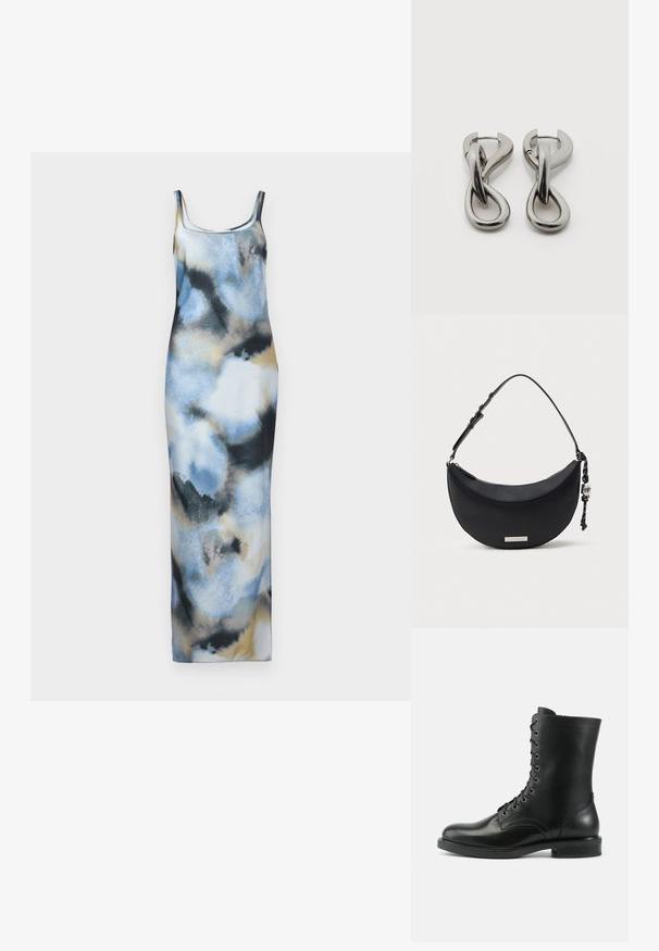 Maxi-jurk van lichtgewicht stof met een aquarelpatroon in blauw, zwart en beige. Het heeft een aansluitende vorm en spaghettibandjes.; Hoge zwarte leren veterlaars met afgeronde neus en lage hak, gezien van opzij op een effen lichte achtergrond.; Zwarte halvemaanvormige schoudertas met verstelbare schouderband, zilveren ritssluiting en een klein zilveren plaatje aan de voorkant met een decoratieve hanger eraan.; Set zilverkleurige metalen oorbellen met een abstract ontwerp van in elkaar grijpende lussen op een witte achtergrond.