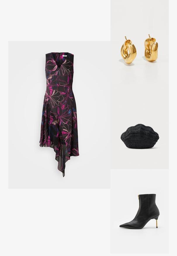 Mouwloze zwarte jurk met een levendig roze en blauwe bloemenpatroon, asymmetrische zoom en een V-hals. Het materiaal lijkt lichtgewicht en vloeiend.; AllSaints NATASHA - Lage laarzen - black; Zwarte gevlochten handtas in de vorm van een sint-jakobsschelp met een gebogen bovenkant en een geweven textuur op een effen achtergrond.; Dik gouden creolen met een licht gedraaide, buisvormige ontwerp en een schroefsluiting op een witte achtergrond.